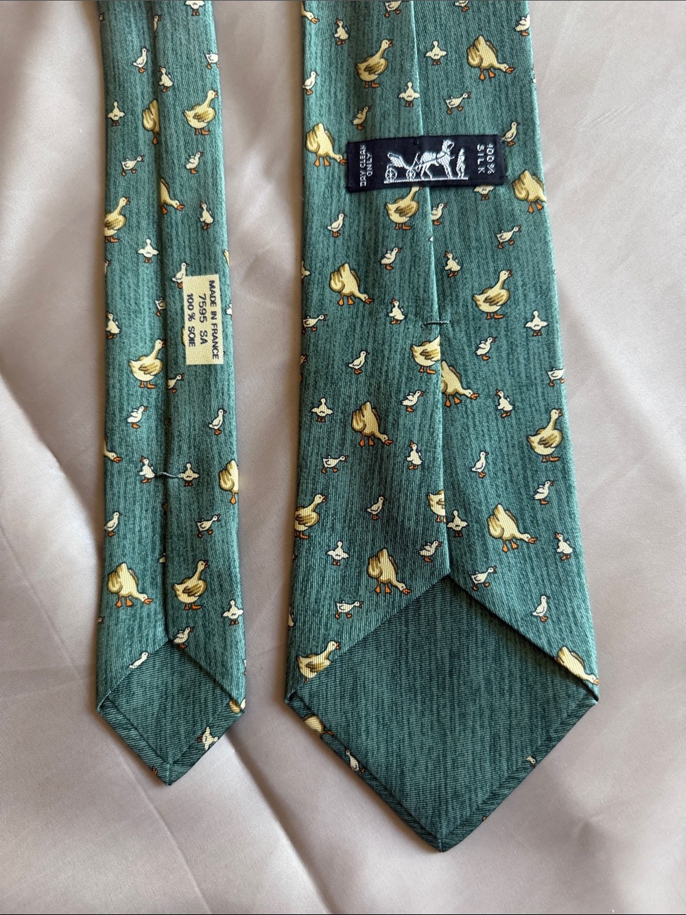 Hermes Teal Silk Tie with Yellow Duck Motif - Picture 2 of 3